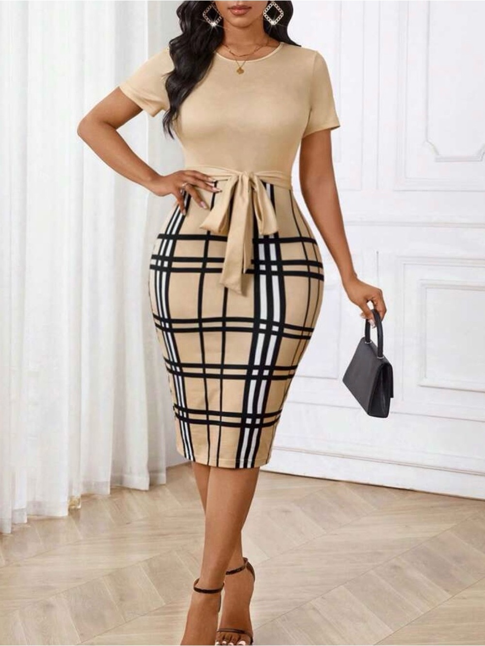 Beige Plaid Tie-Waist Dress Sz L